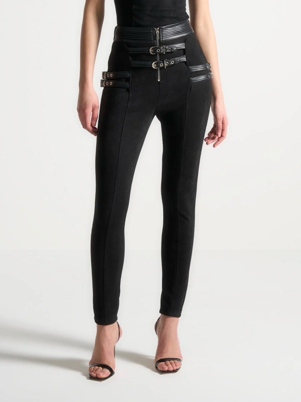maniere de voir - Suede Buckle Detail Leggings - Black Vegan Leather